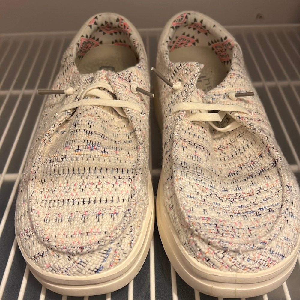 Hey Dude shoes, high soles.off white, grey, blue , pink stitching